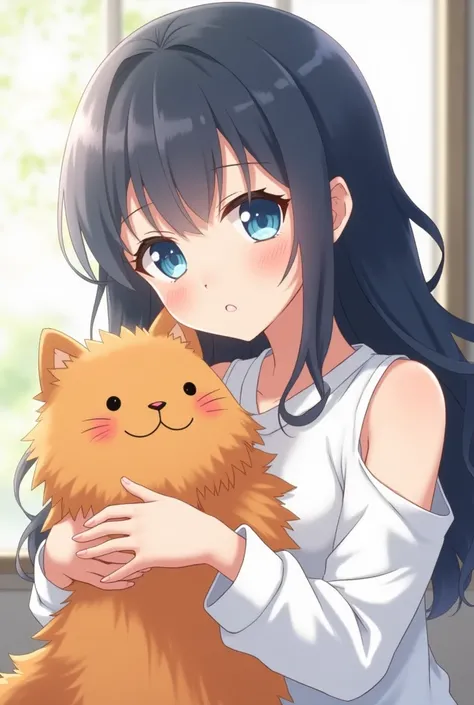  Anime girl ((( blue eyes , friendly eye , dark blue hair , long wavy hair , white open shoulder t-shirt , blank long sleeves t shirt ))) , patting a fluffy orange cat 