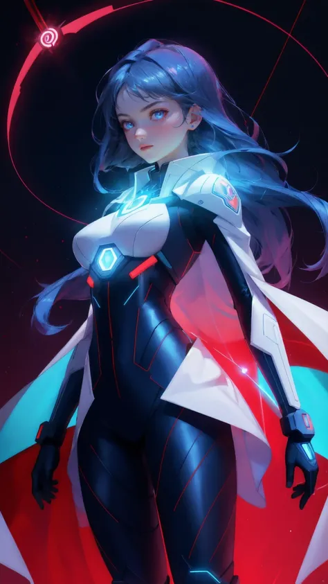 Envision an image of a powerful young woman donned in a futuristic cybernetic suit, emitting radiant blue and red lights against a deep red digital landscape that signifies the volatile world of cryptocurrency. She stands confidently, her posture commandin...