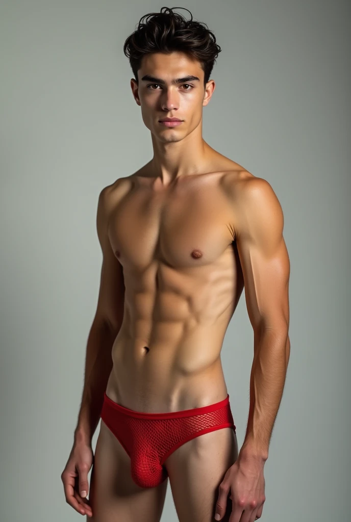 photography full body of a young man with fair skin and striking facial features. He has dark , wavy hair that is styled neatly , and his eyes are a piercing shade of brown . He is wearing red mesh thong bodysuit. NSFW