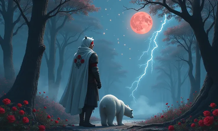 Male knight with a white hood with polar bear ears and a sword behind his back walks with a baby polar bear in a forest while the moon shines, many Roses cover the ground and lightning falls from the sky. Only the man wears a red blindfold. In the backgrou...