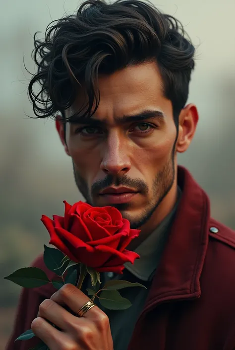 Man with red rose in hand, hyper detail, as real as in real life