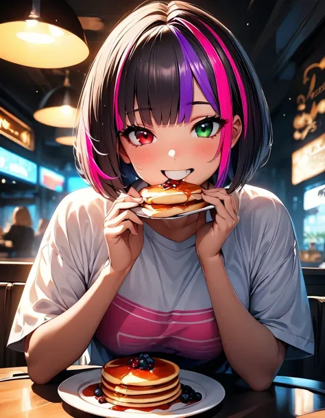 (highest quality:1.2, Very detailed, up to date, Vibrant, Ultra-high resolution, High Contrast, masterpiece:1.2, highest quality, Best aesthetics), Portraiture、girl、solo, (25-years-old:1), slim, heterrochromia, green eye, red eye, ((eating pancakes:1)), ex...