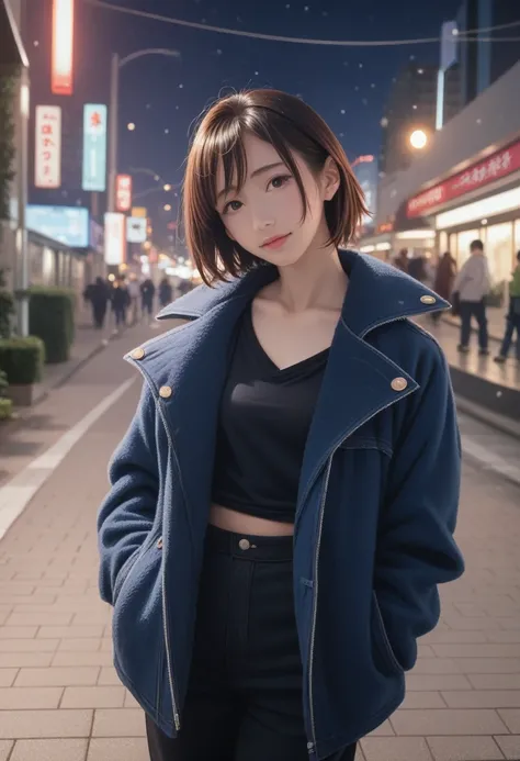 Hot Beauty, Sexy clothes, Naughty pose, city, Tokyo, Sidewalk, snow, light up, night, HD detailed, Super detailed, movie, Hyperrealism, Soft Light, Deep Focus Bokeh, Ray Tracing, Art Station pixivgwise, Makoto Shinkai, ArtJam