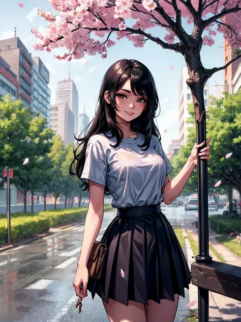 1 girl, black skirt, branch, architecture, Cherry blossoms, fence, long hair, outdoor, petal, pleated skirt, rain, shirt, short sleeves, skirt, alone, permanent, Tree,
Sky,sTreet
, seductive smile, inviting expression, suggestive