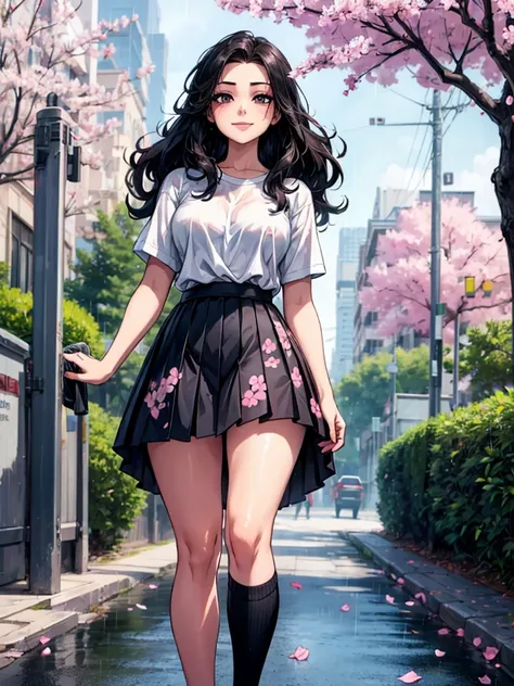 1 girl, black skirt, branch, architecture, Cherry blossoms, fence, long hair, outdoor, petal, pleated skirt, rain, shirt, short sleeves, skirt, alone, permanent, Tree,
Sky,sTreet
, seductive smile, inviting expression, suggestive