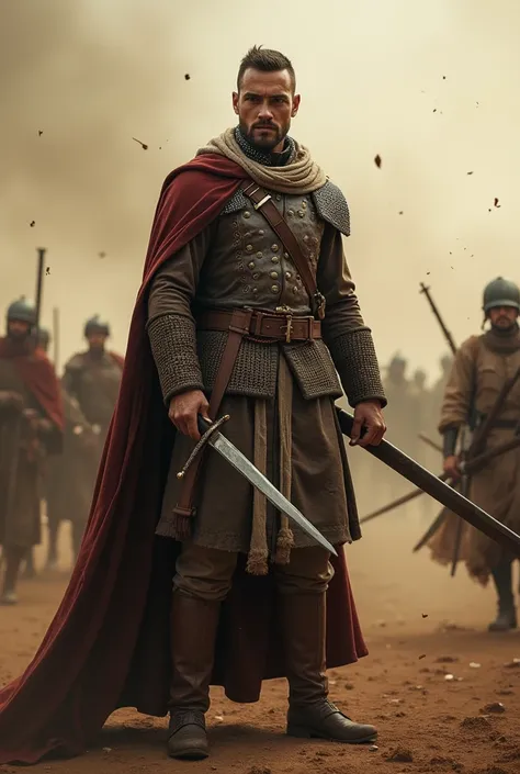 Hyper realistic, a 22yo dressed in 1071s Turkic general uniform and holding sword, ideal body, look straight ahead, central figure, standing amidst a chaotic scene to be a battle. The atmosphere should convey motion and conflict with dust and particles in ...