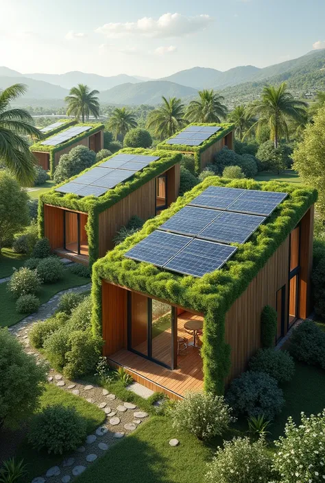 
Flexible Housing Drawing: Homes with solar panels on the roof, a green roof with plants, rainwater harvesting systems, and large windows for natural light. Surroundings full of vegetation, perhaps a garden or an orchard.