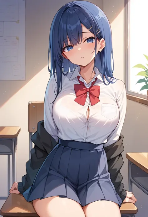 Two-dimensional beauty、beautiful、Woman with short dark blue hair、Wearing a schoolgirl&#39;uniform、Shotaとセックス、First time、Shota&#39;Her penis is in her chest、Titty fuck、Large Breasts、All buttons are disconnected、Bathroom、Shyness、Sweat、Drooling、
