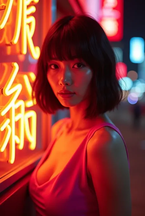 HK film style, close-up shot front view of an attractive woman wearing pink dress standing in front of a neon sign, neon orange lighting, in the style of Wong Kar Wai film, award-winning picture, highly detailed, ultra-high resolutions, 32K UHD, best quali...