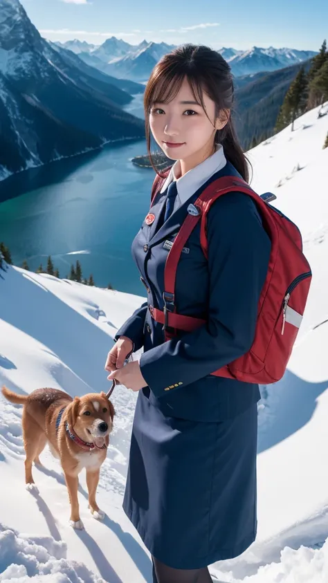 Super detailed, High resolution, Super detaileded, highest quality, wonderful, highest quality,Integrated 8K wallpaper, cinematic lighting, stewardess、20-year-old、beutiful woman and het dog in mountain、The person is small