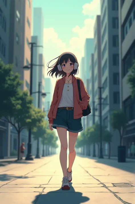 Make me an anime style image of a girl walking down the street with headphones on, the street is empty, she walks down the sidewalk and in the distance you can see the buildings of the city, she looks very happy listening to music, she looks full body, the...