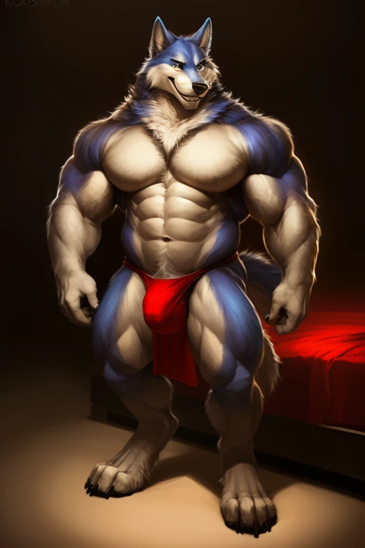 4k, high resolution, best quality, perfect lighting, solo, anthro, wolf, furry body, male, adult, (bulky, thick muscles:1.25), (biceps, broad pecs, broad shoulders:1.1), (thick legs, thick calves:1.1), (digitigrade legs, 4 toes:1.2), loincloth, (bulge, ere...