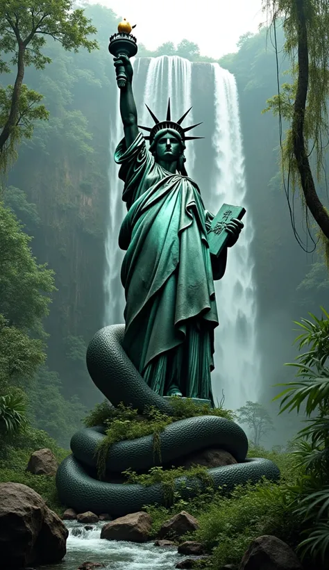 Giant anaconda snake wrapped around the abandoned Statue of Liberty in the jungle and waterfall