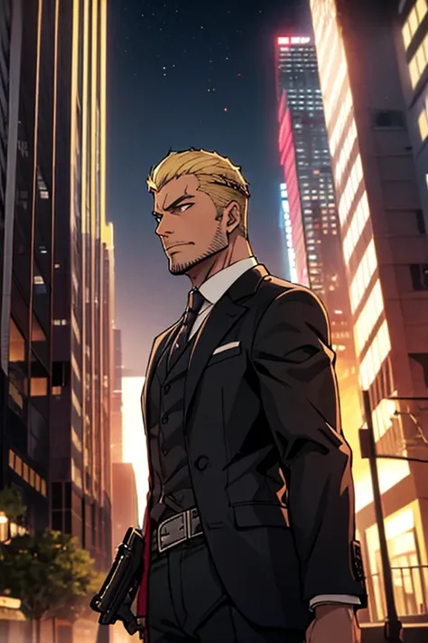 ((assassin、assassin))、One male、solo、Black suit、He has a gun、Hitman、The background is skyscrapers at night:1.2、ビルの隙間に佇むassassin:1.5、((Hard-boiled adult male、Blonde、Stubble))、Cowboy Shot:1.6