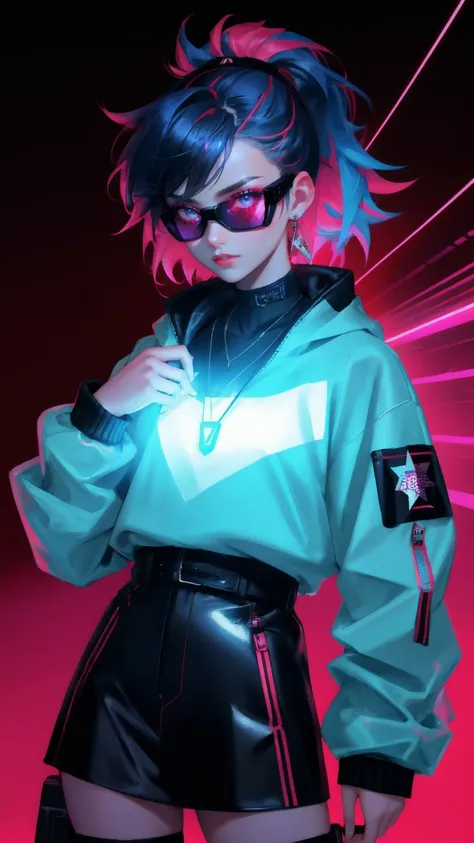 Imagine an image featuring a stylish young woman with a punk-rock aesthetic, wearing cutting-edge laser goggles emitting bright red beams. The background is a deep, vivid blue, setting a contrasting tone that highlights the intensity of the red lasers. Her...