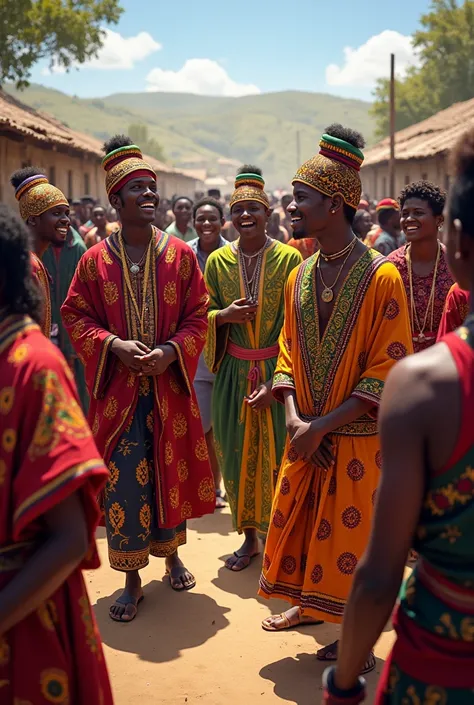 Young Ethiopian man and women groups in wollo cultural dress having a party