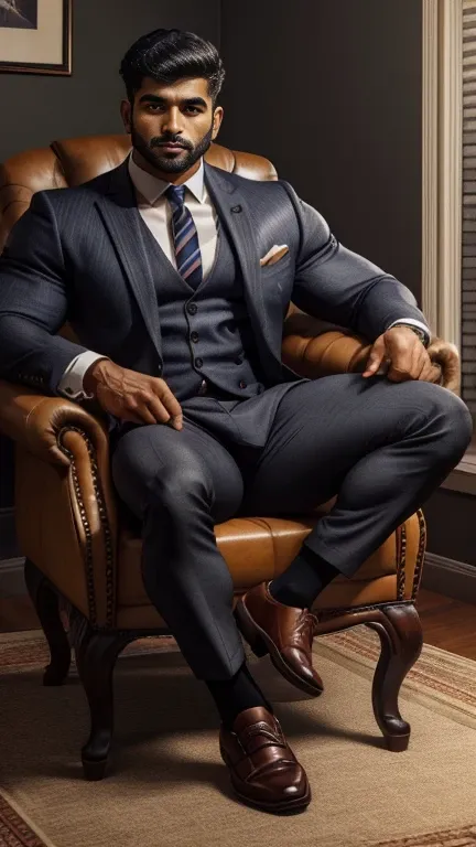 arafed indian man with his perfect big monster penis is coming out from pant in a suit and textured socks sitting on a chair, bl...