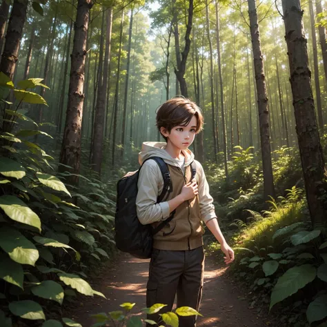 1 boy, shill, brown hair, Hear the sound of memories in the forest area