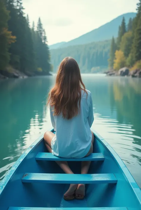 Double exposure style girl with blue boat in beautiful river landscape