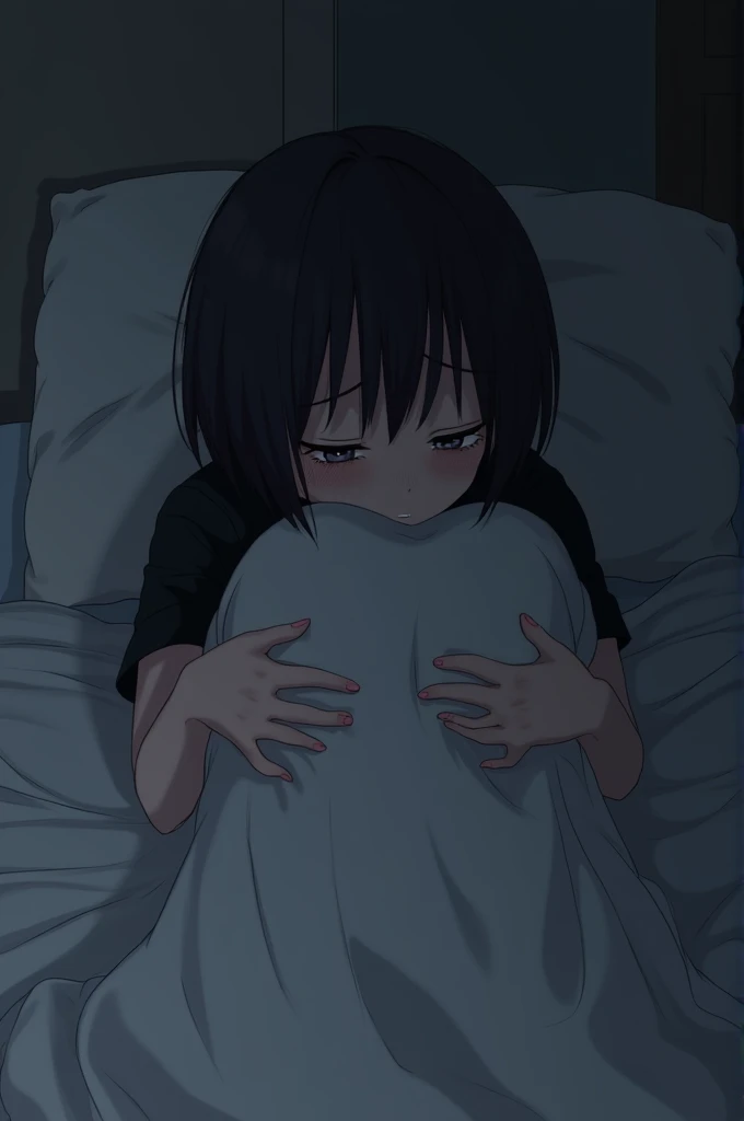 A sad girl lying in her bed crying in her knees while holding her blanket,short hair, black shirt, anime 