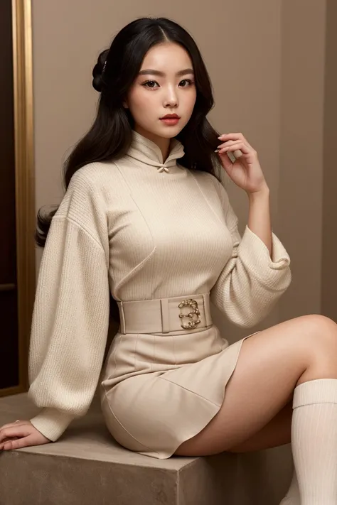 Create an image of a Chinese girl wearing elegant old money style clothing. She should have an air of sophistication and grace, with her hair styled in a classic and refined manner, such as in soft waves or a sleek updo. Her eyes should be perfect, detaile...