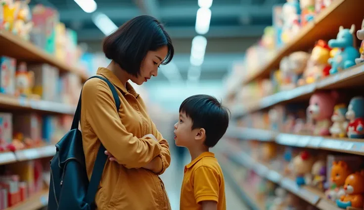 The shot is from a low position looking up, representing the child&#39;s eyes looking at the 3 Asian mother who is standing with both hands folded across her chest, looking angry, dissatisfied, and pressured, showing her suppressed emotions. Her eyes are l...