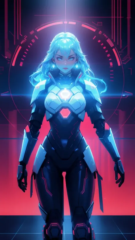 cybernetic beautiful women  figure with futuristic red and blue armor, high-tech urban bitcoin  backdrop, illuminated Bitcoin and Ethereum logos, holographic financial symbols, digital grid floor, bright neon lighting, sci-fi atmosphere, front view, detail...