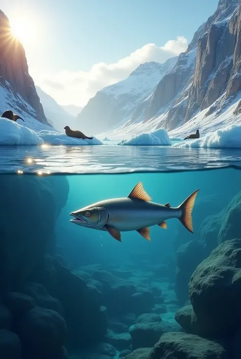 A sleek, silvery arctic char swimming through the clear, icy waters of a northern fjord. The background includes large chunks of floating ice, some with seals resting on top, and towering snowy cliffs in the distance. The water is crystal clear, allowing a...