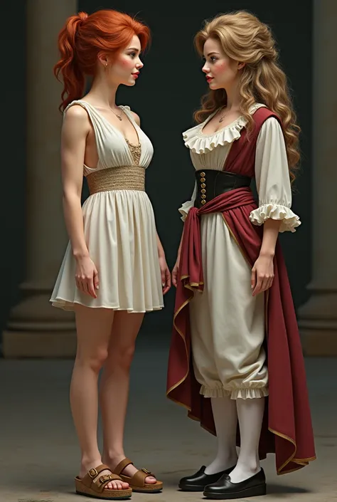 two 1.5 meters tall girls in their 20s. red hair, freckles. One wears a greek short chiton and cork-soled birkenstock platform sandals. The other one wears a wide-sleeved justacorps above a waistcoat, a white jabot, a pair of knee-lenght wide trunkhose bre...