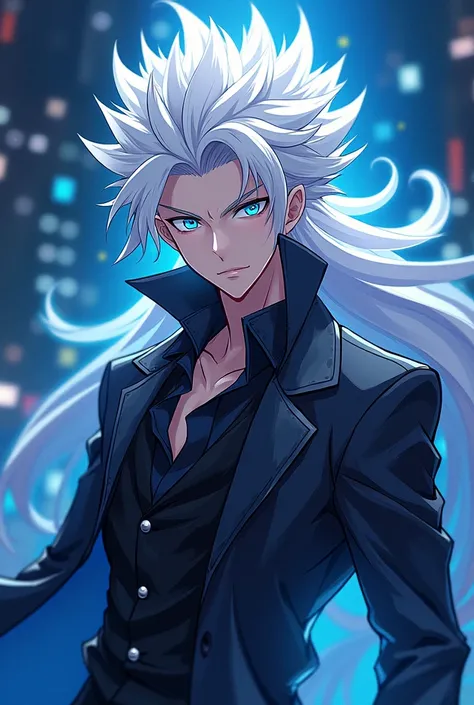 An anime male character with vibrant blue burning eyes
Sharp chin and white fizzy hair like saturo gojo and well dress with attractive personality 