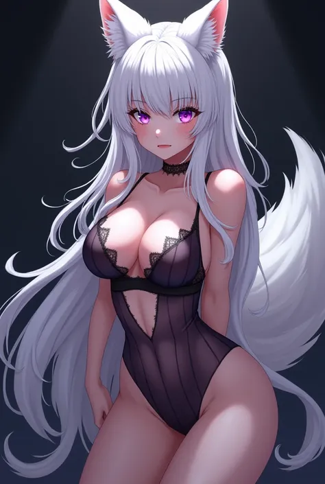 (masterpiece, Highest quality:1.2), (anime woman) (long white hair) (white fox ears) (purple eyes) (one long fox tail) (dark background) One person, high-detail、Sleeveless、Dynamic Random Shot, Attractive cleavage, Ultra HD, Highest Resolution, seductive, s...