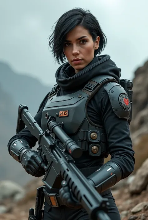 
Picture of Zara Igfiglian, young , black shortcut hair, hazel eyes, white skin, athletic, scifi style, (futuristic style:1.3), military style, military gear, vest body armor, blaster rifle, looks determined, rugged, in a rocky cliff, cloudy sky, bleak, gr...