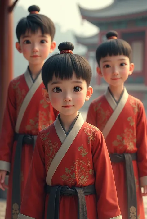 Chinese boys with short hair & clean shave, in traditional dress realistic 