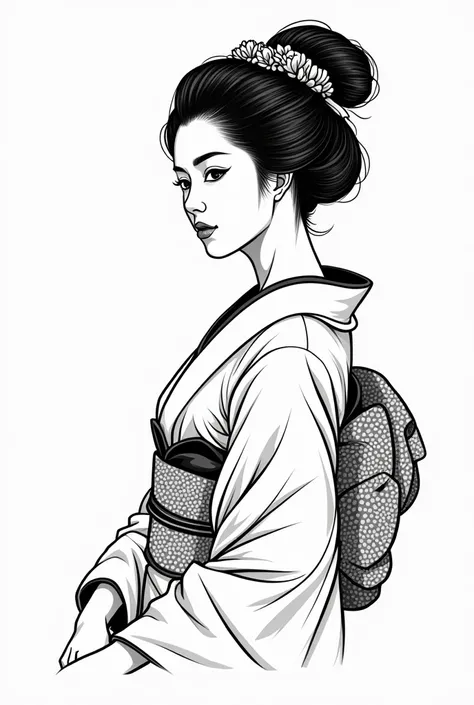 Create a fine line tattoo stencil of a black and white Japanese geisha