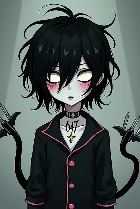 one , messy black hair covering the eyes and with pink highlights, very pale skin with scary black veins all over the body, Neck tatoo "647", black gothic clothes but with a little pink. black tail with silver details and blades on the tip. cartoon style b...