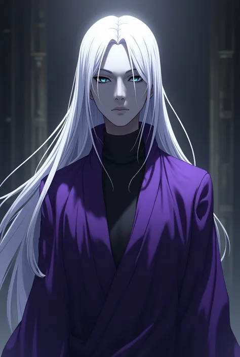 White long hair with a White mask covering the entire face With purple clothes anime man