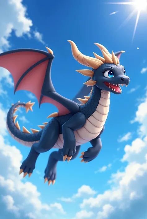 Black and white dragon flying in the blue sky with a bright sun, anime, smiling dragon, horns, happy, blue eyes, happiness