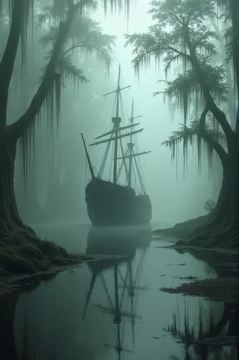 A foggy swamp forest with a shipwreck near the lake