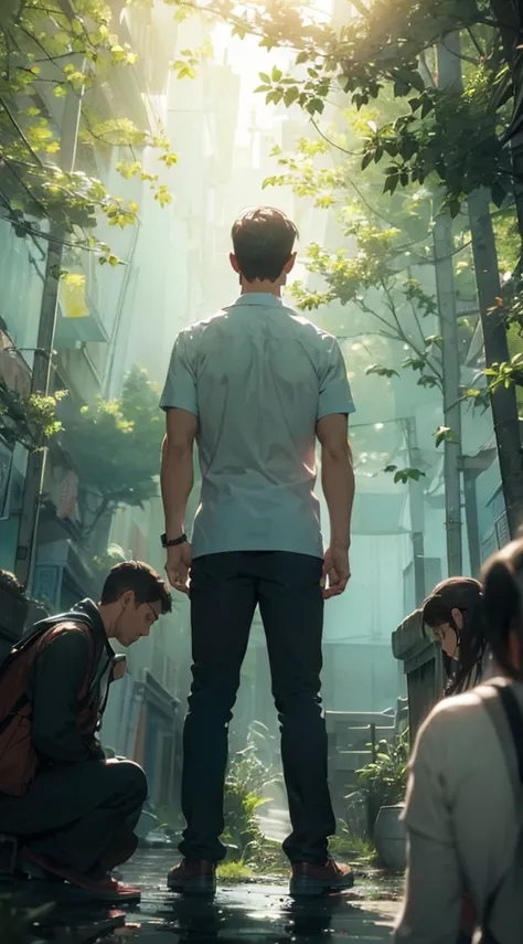 A man&#39;s back stands among the crowd，（The four people bowed their heads and knelt on one knee to salute him.：1.5），The background is in the forest，Wearing modern clothes, And soft colors in a circle in the forest. Create a surreal fantasy atmosphere.，mom...