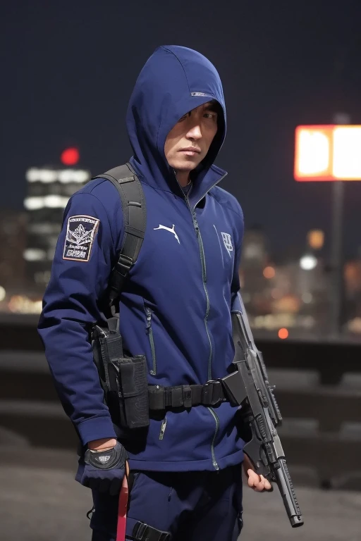 (assassin), male, alone, Blue tactical gear, Night Vision Goggles, knife, Vial of poison, City night view, 隠れるassassin