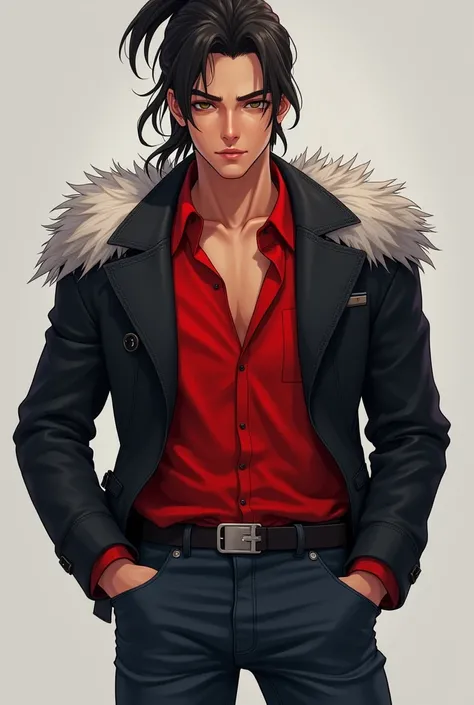 naughty man, Youngh, moderno, stylish, bonitas, jacket dark,fur shoulder pads,red blouse, jeans, tennis, athletic body, rosto bonitas, long hair, tied in a pointed ponytail