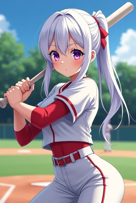 white hair 、Purple Eyes、girl、High school student、baseball player、White short-sleeved top、Red three-quarter sleeve underwear、single ponytail、The moment the pitcher throws the ball