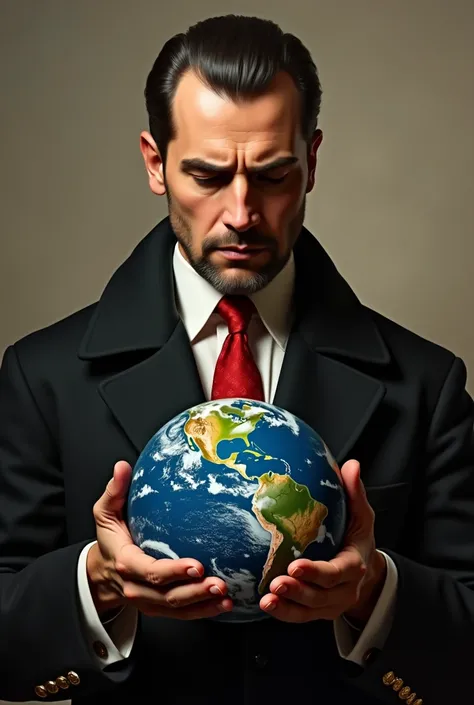 Niccolò Machiavelli looking ahead, black suit red tie, holding the earth with two hands