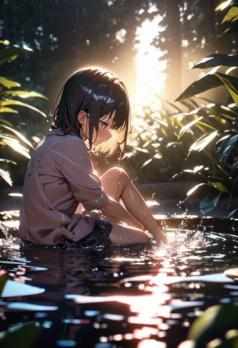 (male)(highest quality, masterpiece, very detailedなイラスト, very detailed),soft lighting,  water play， sitting，sitting in the pond，...