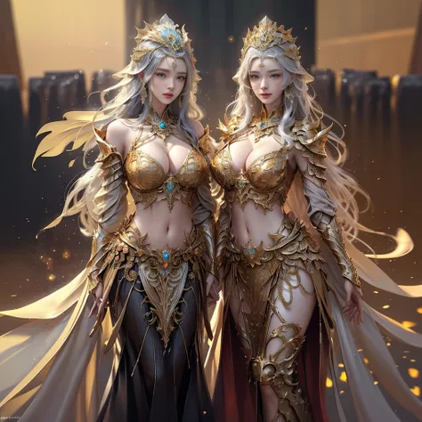 Woman in a golden transparent dress,view the viewer,(((Huge breasts, Large cleavage))),Slim waist,(navel baring,Bare waist), Long hair, Ultra-detailed details,High-end Zhenyi station, Rainstorm site, detailed fantasy art, Stunning character art, Beautiful ...