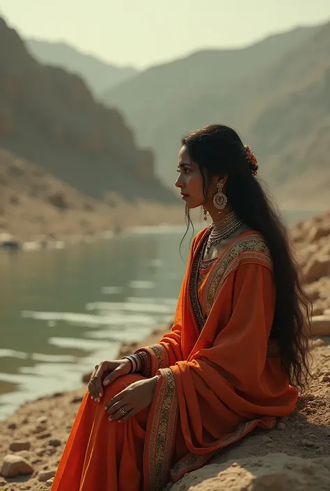 Radhe  rani with tears sitting beside dry yumana river 