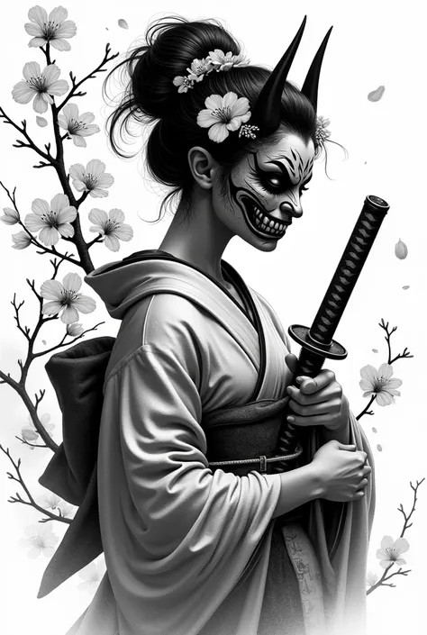 I created a black and white tattoo stencil of a Japanese geisha with a demon mask holding a katana and cherry blossoms