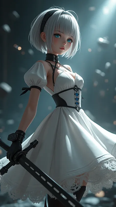 yorha 2b automaton, short silver hair with bangs and a black headband,(eye mask) , wearing a detailed white dress with puffed sleeves and lace trim, holding a sword, standing in a dynamic pose, looking off to the side, smooth skin, dark and dramatic backgr...