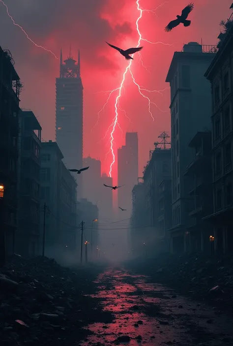 A destroyed city in night crows are flying with red thunder strike 