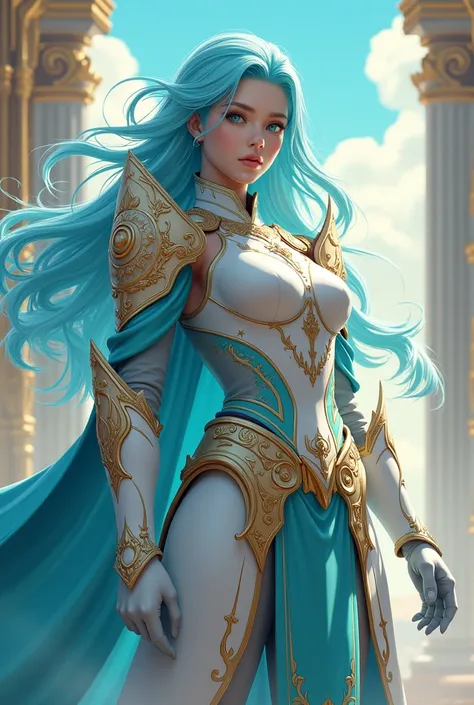 female paladin anime costume with cyan white and gold color theme.